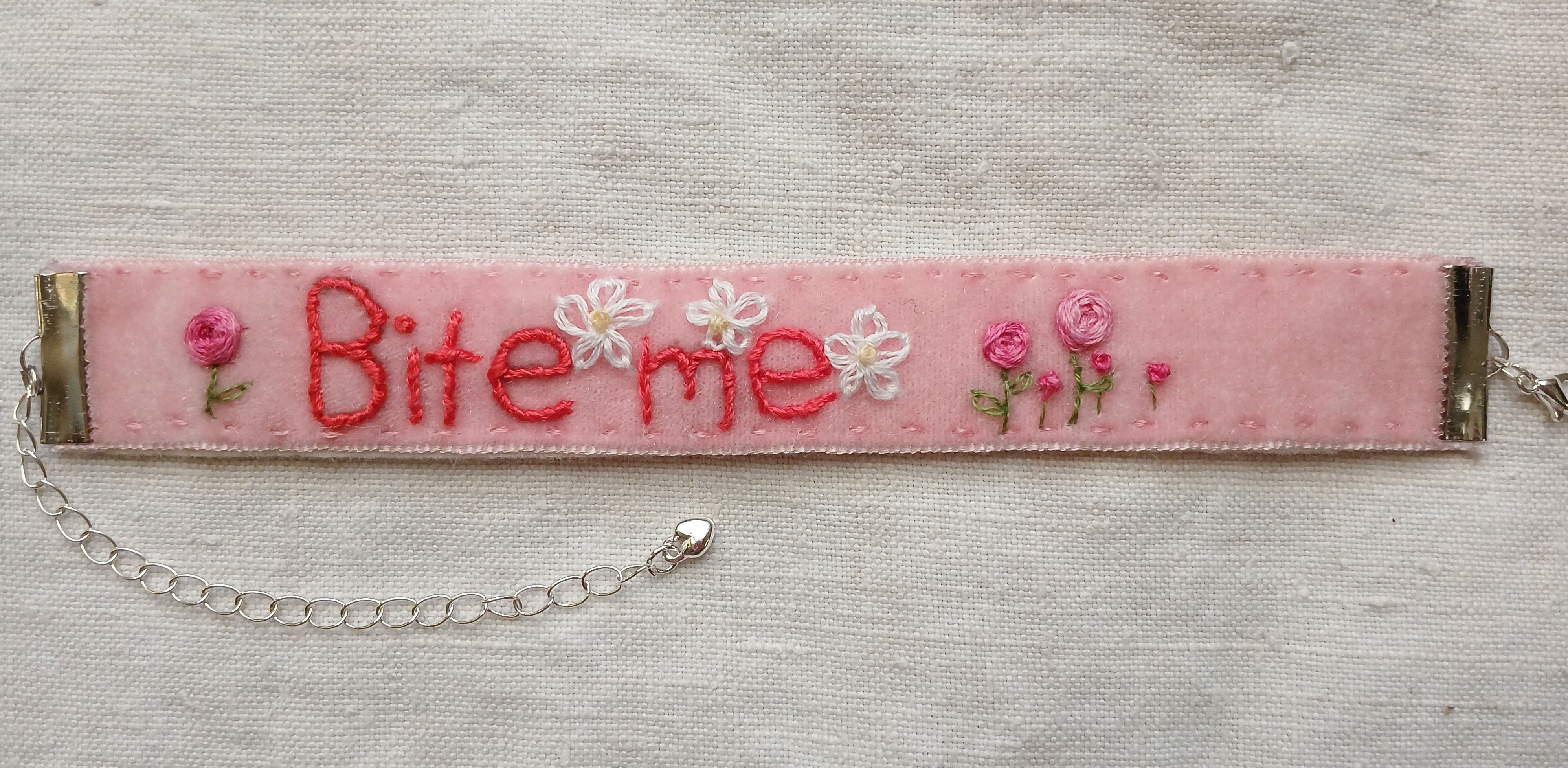 Bite me bracelet, pink ribbon embroidered bracelet