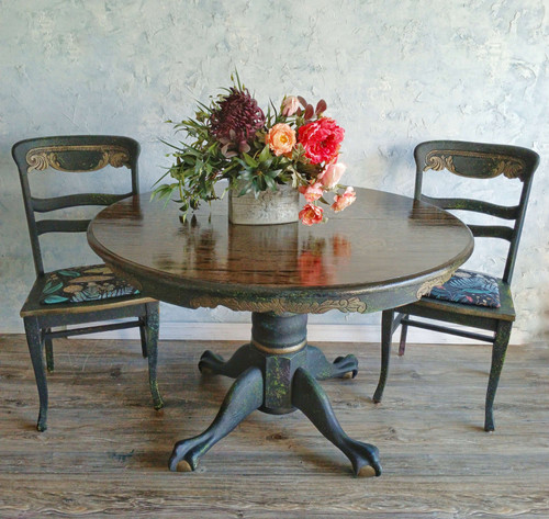 Antique Oak Clawfoot Round Dining Table with Two Chairs