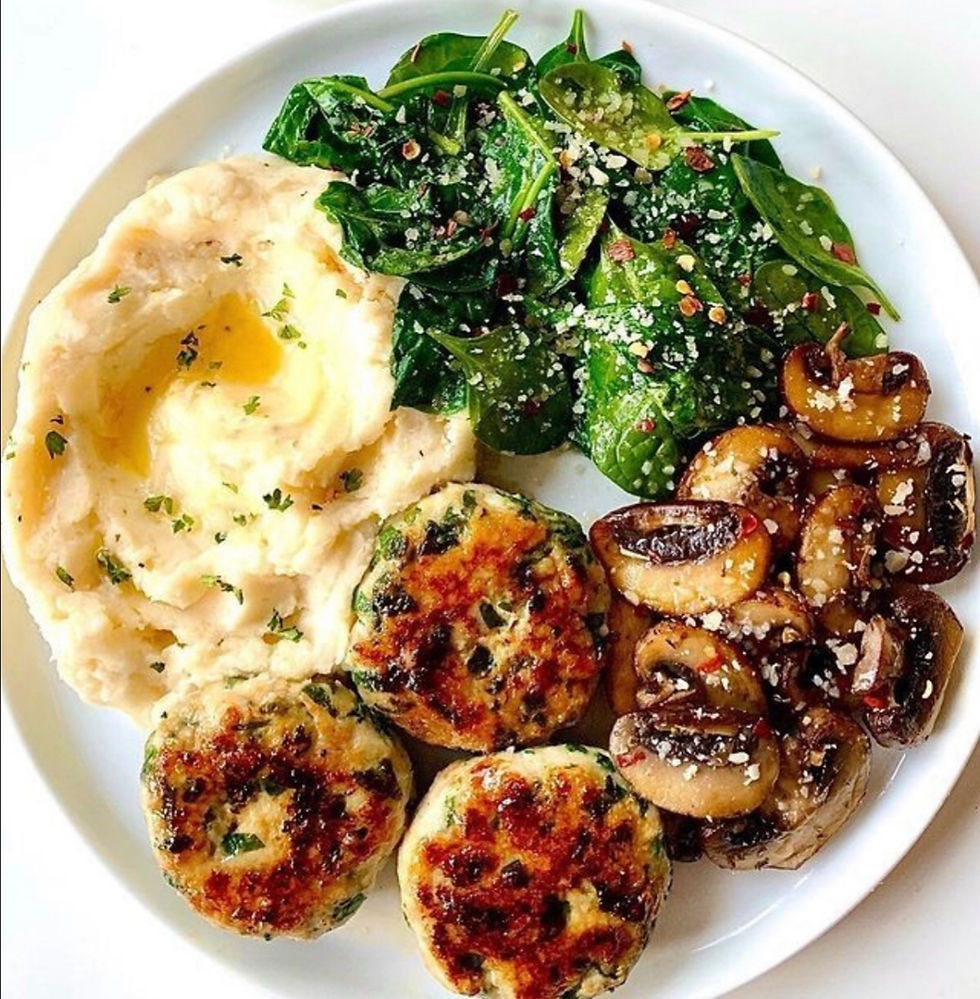 Mini Spinach and Feta Chicken Burgers with Cauliflower Mash 