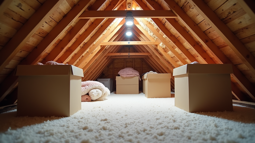 Eye-level view of clean and organized attic with insulation and storage boxes