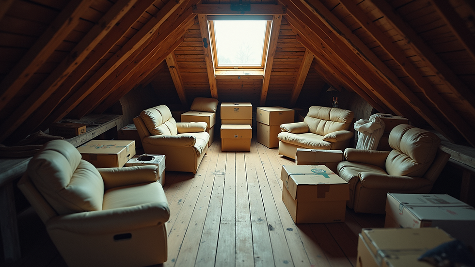 High angle view of cluttered attic with boxes and old furniture