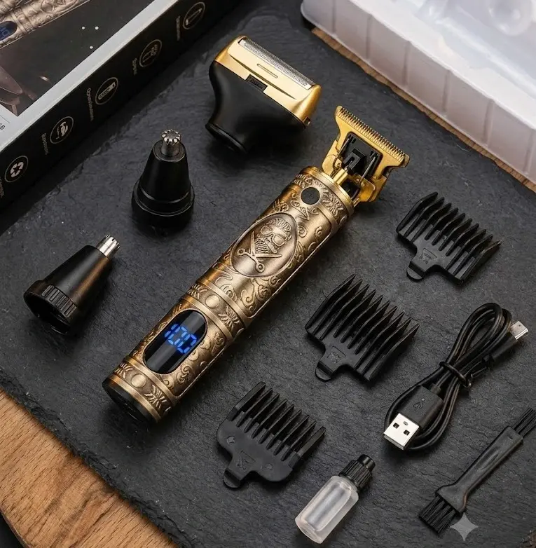 GEEMY 3-in-1 trimmer, interchangeable heads, and accessories shown with the retail box on a dark slate tray.