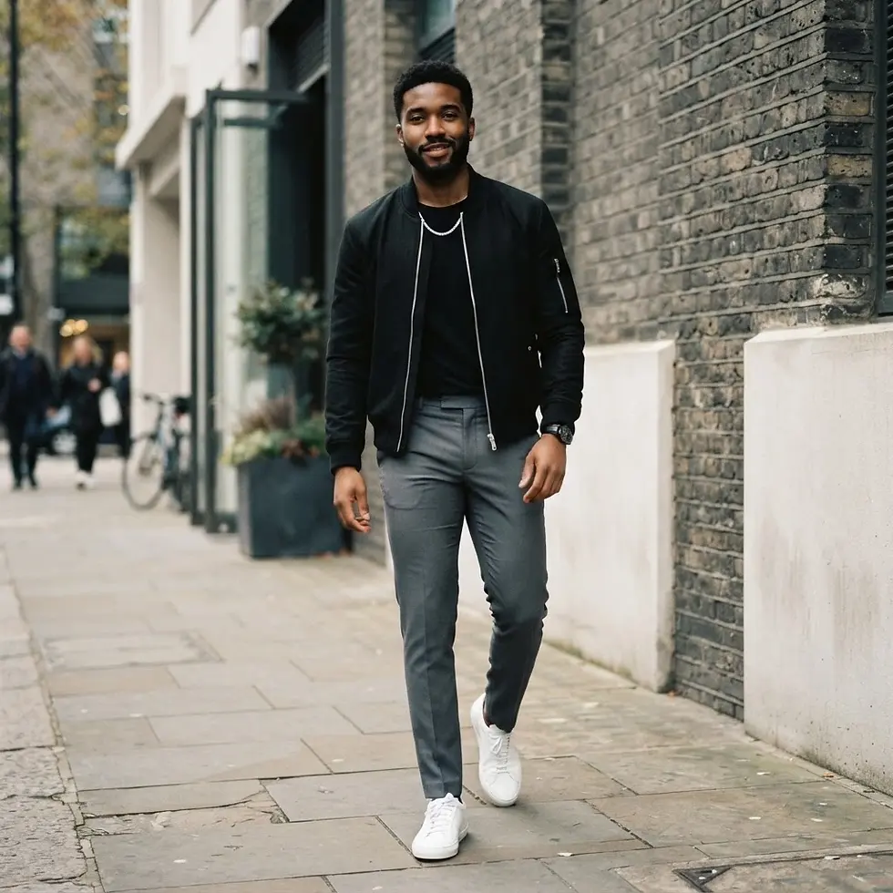 Street photography of a man walking down a city sidewalk wearing a bomber jacket and trousers. The urban backdrop features a brick building and blurred figures.
