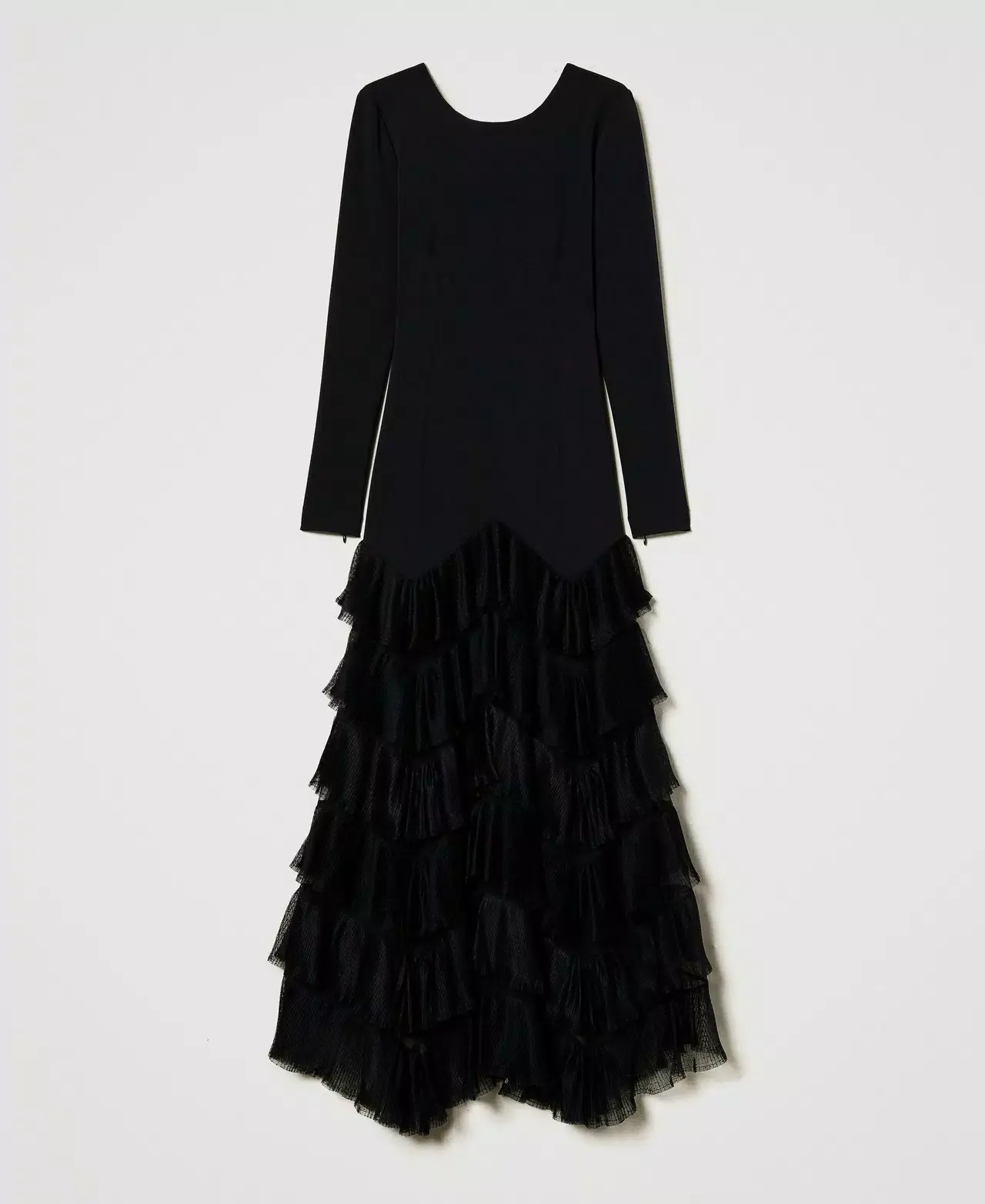 Abito lungo con balze plissé in tulle