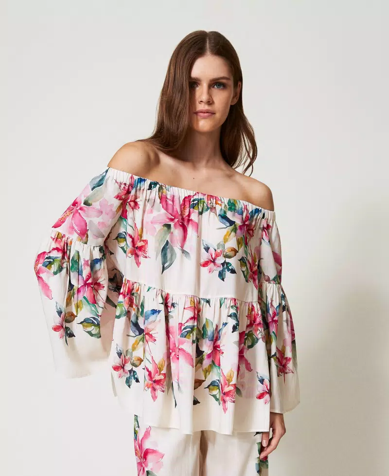 Blusa in misto lino con stampa a fiori NEW COLLECTION