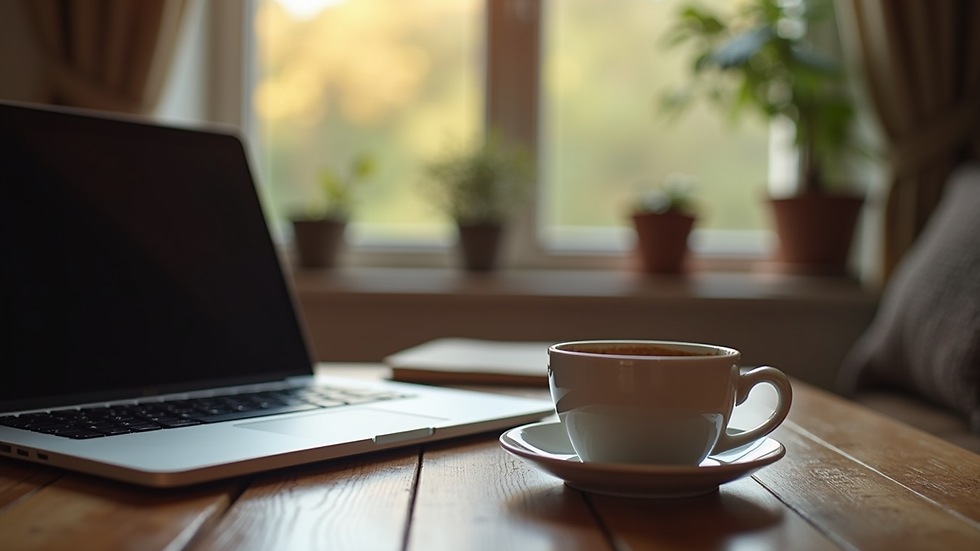 Eye-level view of a cozy reading nook with a laptop and a cup of coffee