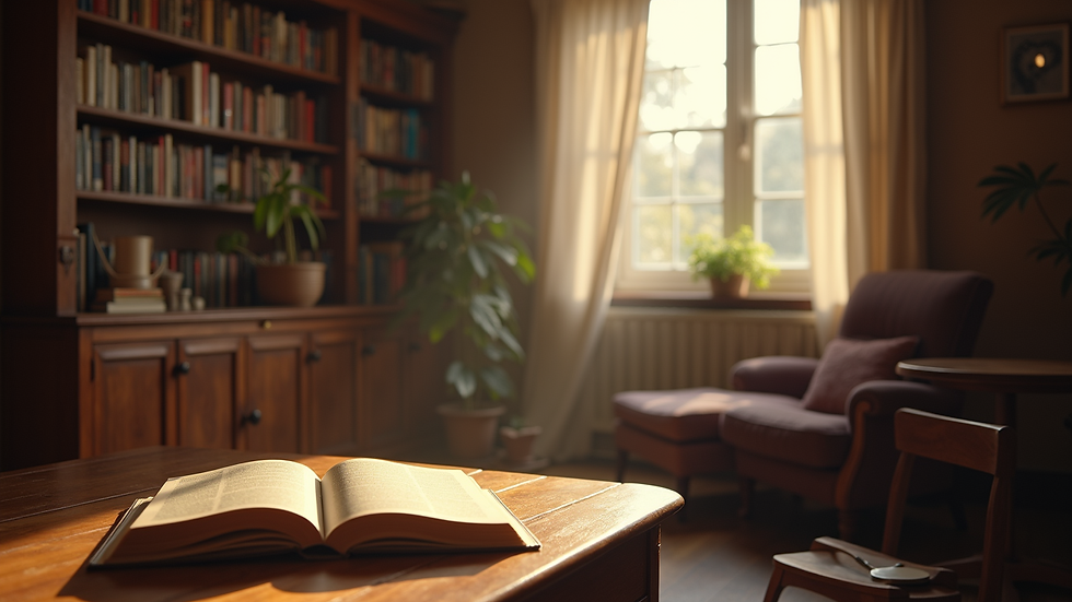 Wide angle view of a cozy reading nook with books and a warm light