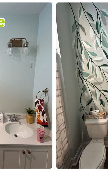 Left side shows blank wall - Before mural was painted. Right side shows completed mural of hand-painted green botanical leaf mural cascading down a bathroom wall above the vanity and mirror.