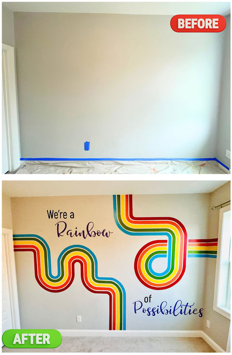 Before and after of a kids room rainbow mural with colorful stripes and hand-lettered text painted by Designs by NKJ