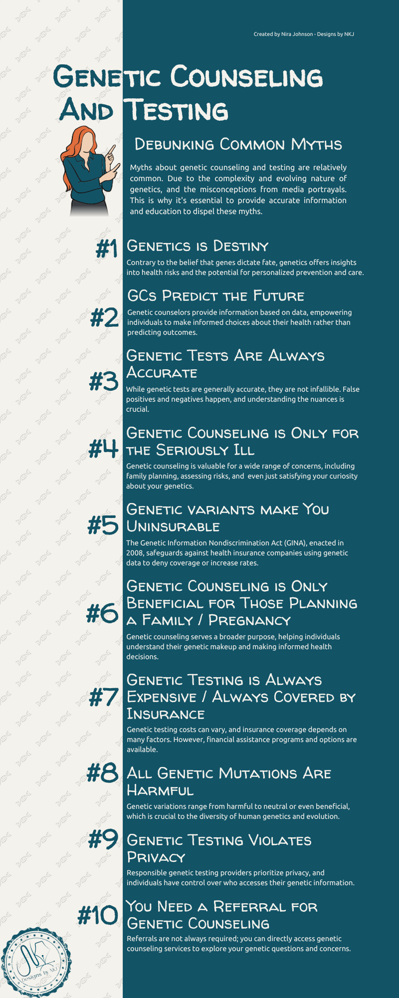 Infographic summarizing the article - debunking common myths about genetic counseling and testing.