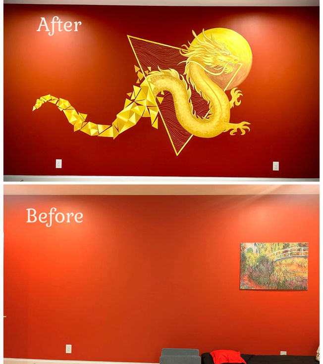 Side-by-side before and after image showing a plain red wall transformed into a golden dragon mural with geometric tail shapes and a glowing sun.
