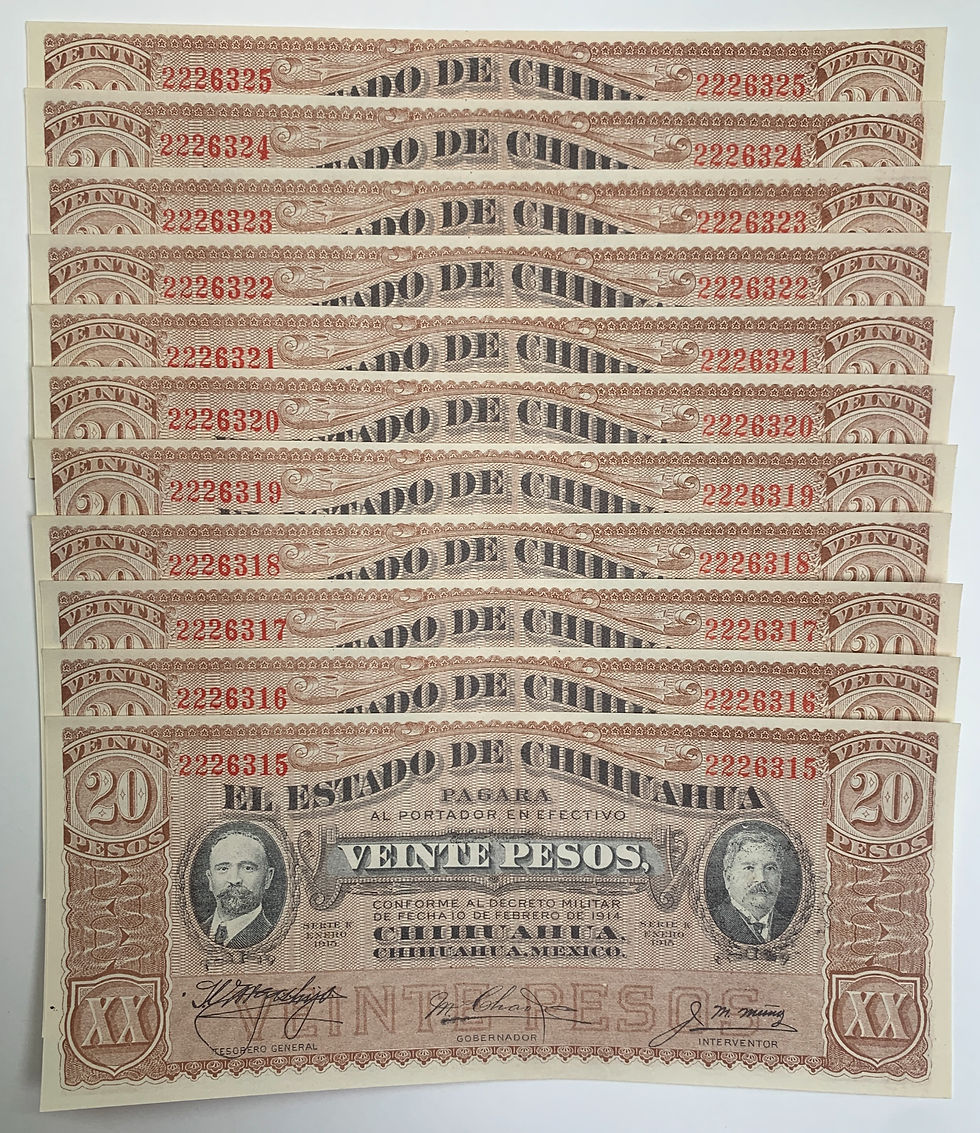Thumbnail: 70 Sequential Serial Numbered 1915 Mexico 20 Pesos Uncirculated Banknotes