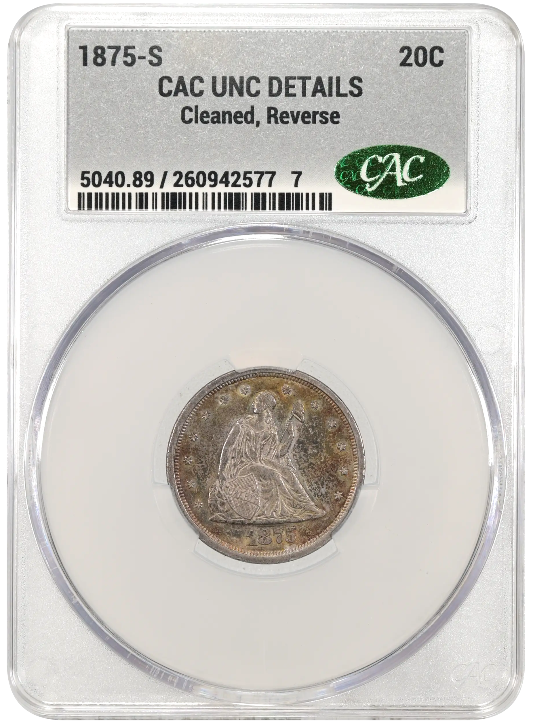 1875 S Seated Liberty 20c CAC UNC Details