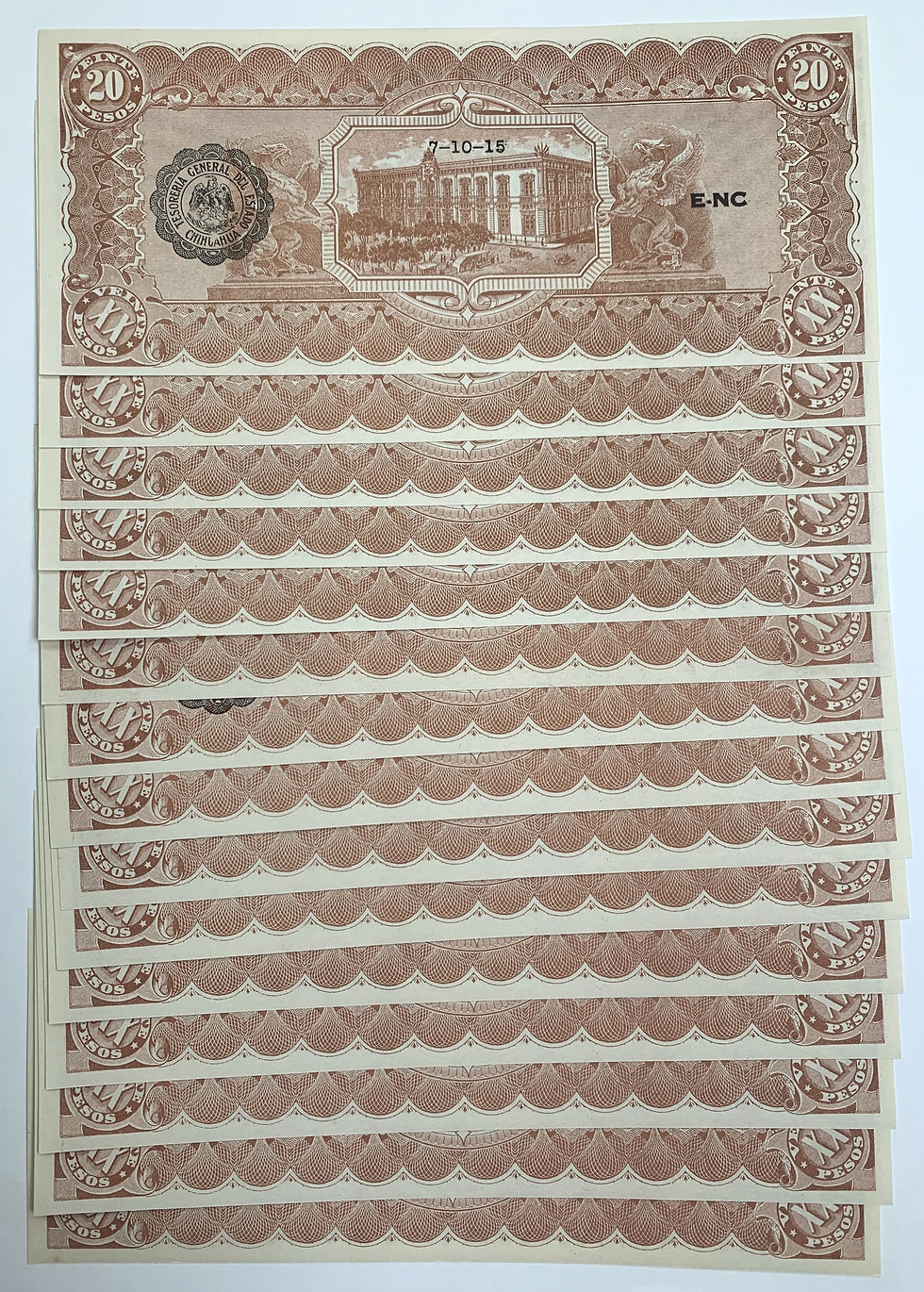 Thumbnail: 70 Sequential Serial Numbered 1915 Mexico 20 Pesos Uncirculated Banknotes