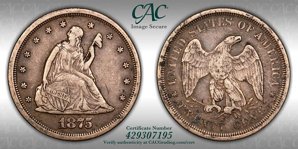 Thumbnail: 1875 S/S Seated Liberty Twenty Cent CAC XF Details - Misplaced Date FS-302