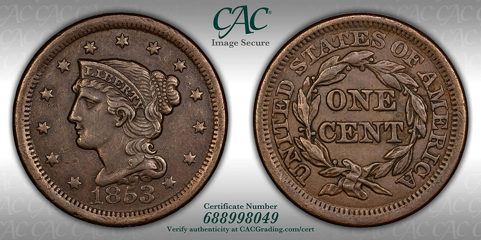 Thumbnail: 1853 Braided Hair Large Cent CAC XF45