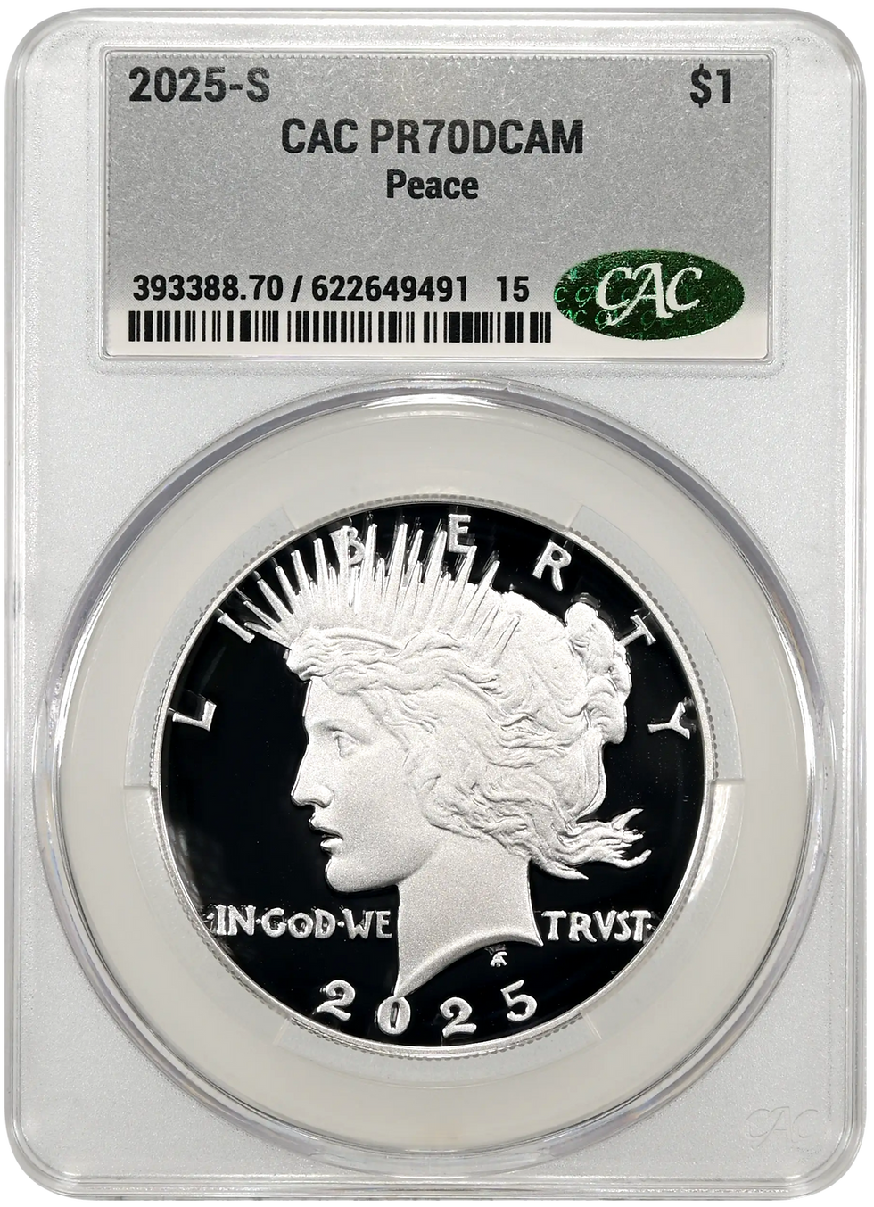 2025 S Silver Peace Dollar CAC PR70DCAM Obverse Mirror Fields