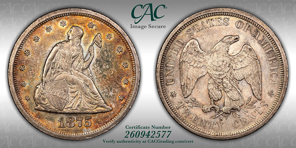 Thumbnail: 1875 S Seated Liberty 20c CAC Reverse and Obverse