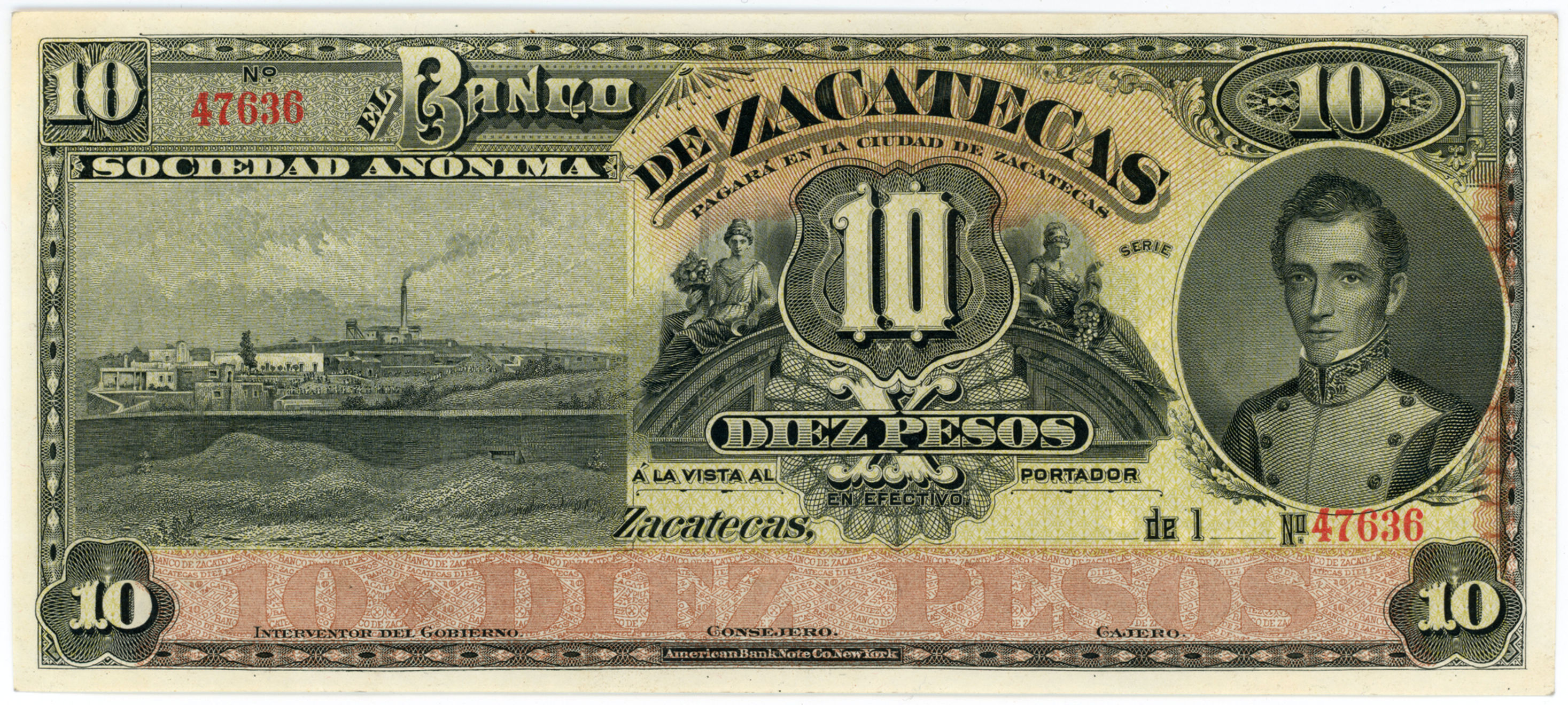 1891-1914 Mexico Zacatecas 10 Pesos Uncirculated Remainder Banknote