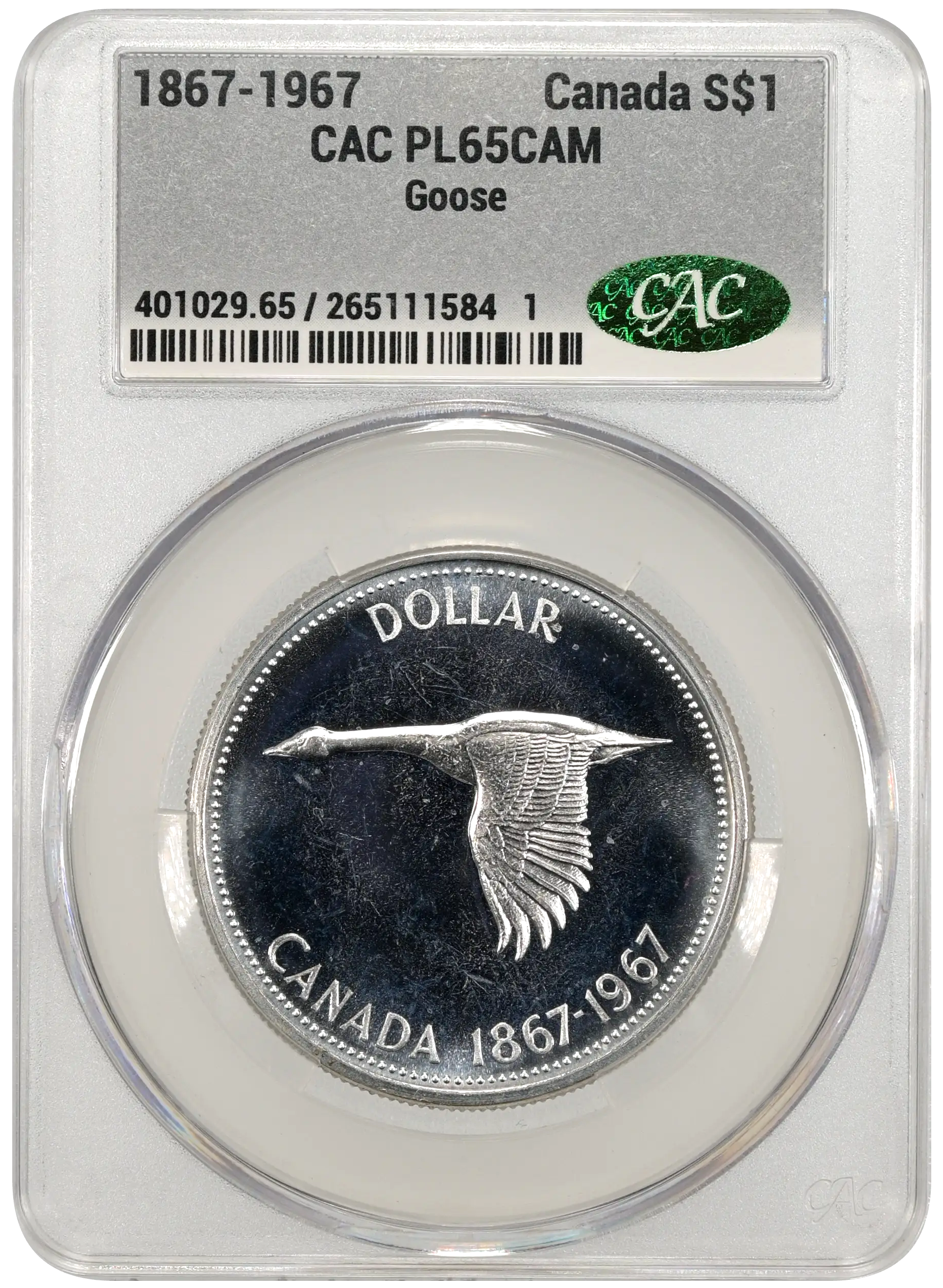 1867-1967 Canada Goose $1 Silver Coin CAC PL65 CAM Obverse