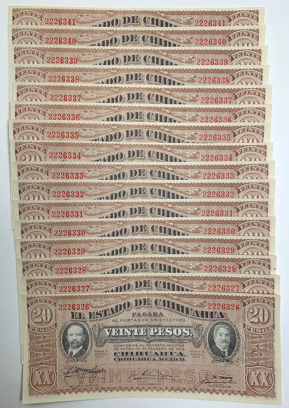 Thumbnail: 70 Sequential Serial Numbered 1915 Mexico 20 Pesos Uncirculated Banknotes