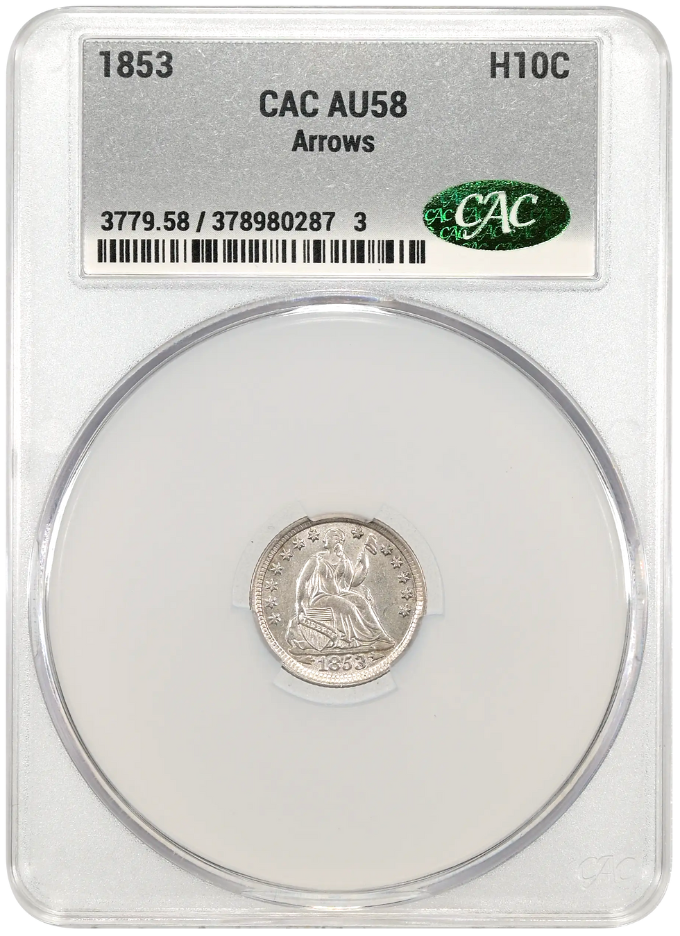 1853 Seated Liberty Half Dime with Arrows CAC AU58 Obverse