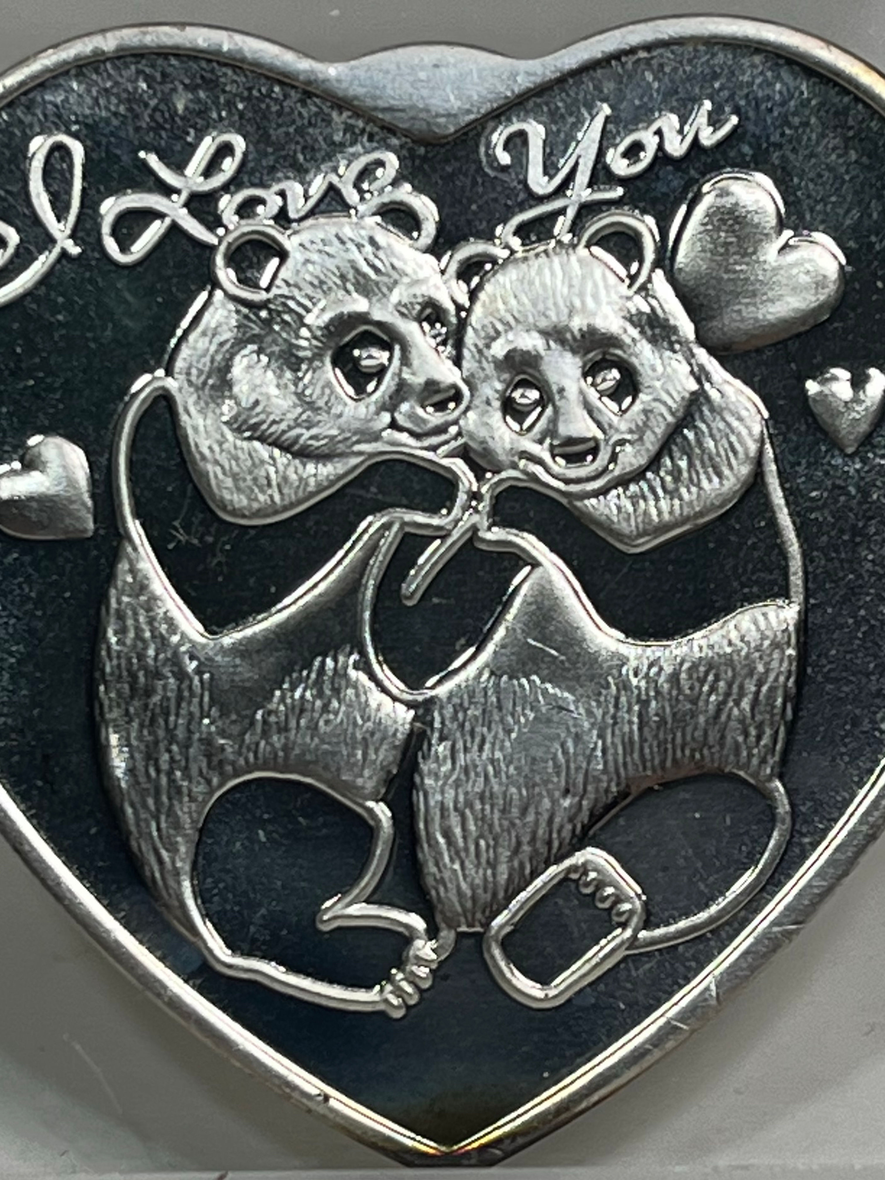 “I Love You” Adorable Panda Couple 1oz 999 Fine Silver Heart