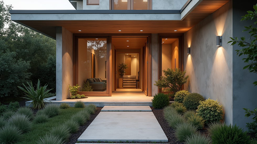 Eye-level view of a modern home with a welcoming entrance