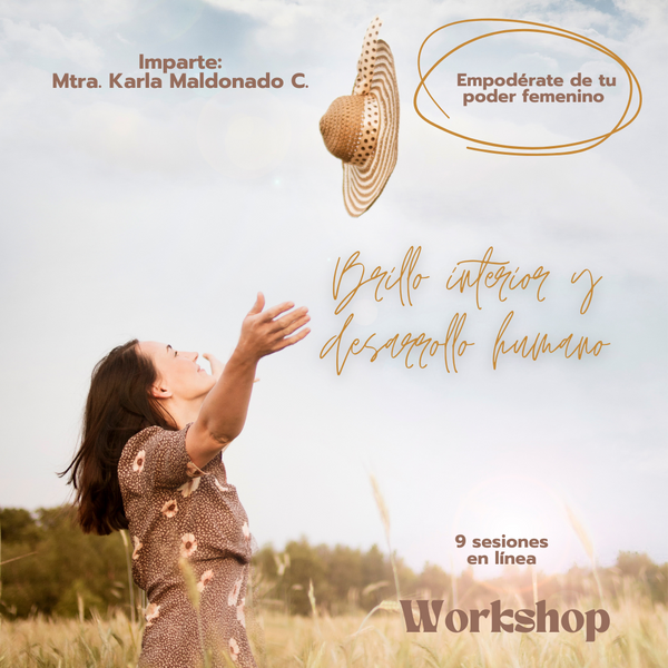 Mujer lanzando sombrero, texto: Empodérate de tu poder femenino. Coffee Break con Karla.