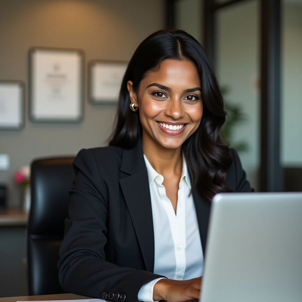 Woman in a suit works at a laptop in an office.