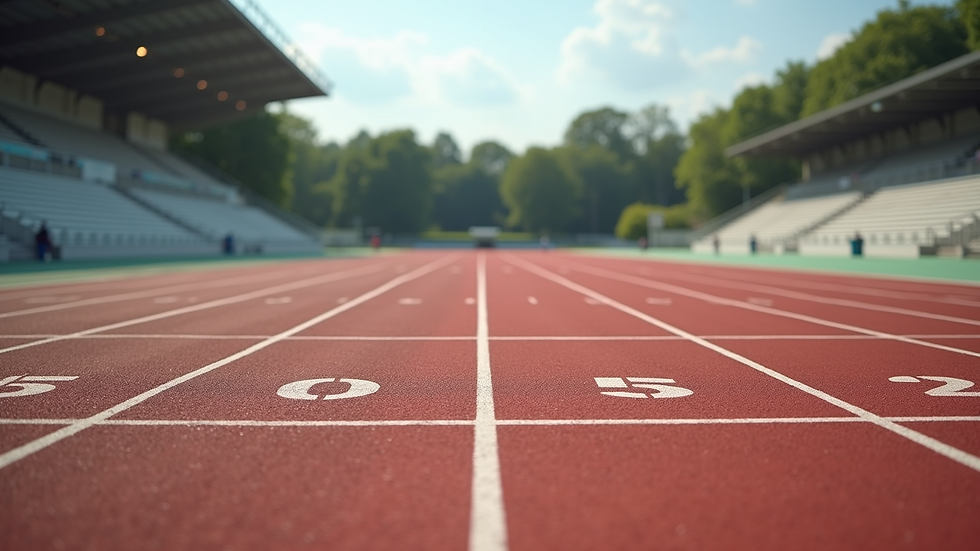 Wide angle view of an outdoor track with lanes and starting blocks