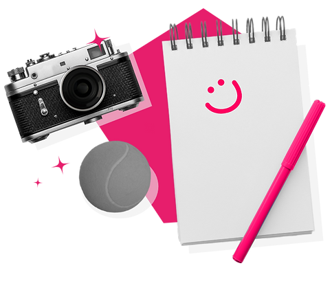 this image is about ideation, camera, notes and pen