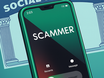 Android phone shows incoming call labeled ‘Scammer’ over a Social Security card—warning about Social Security phone scams.
