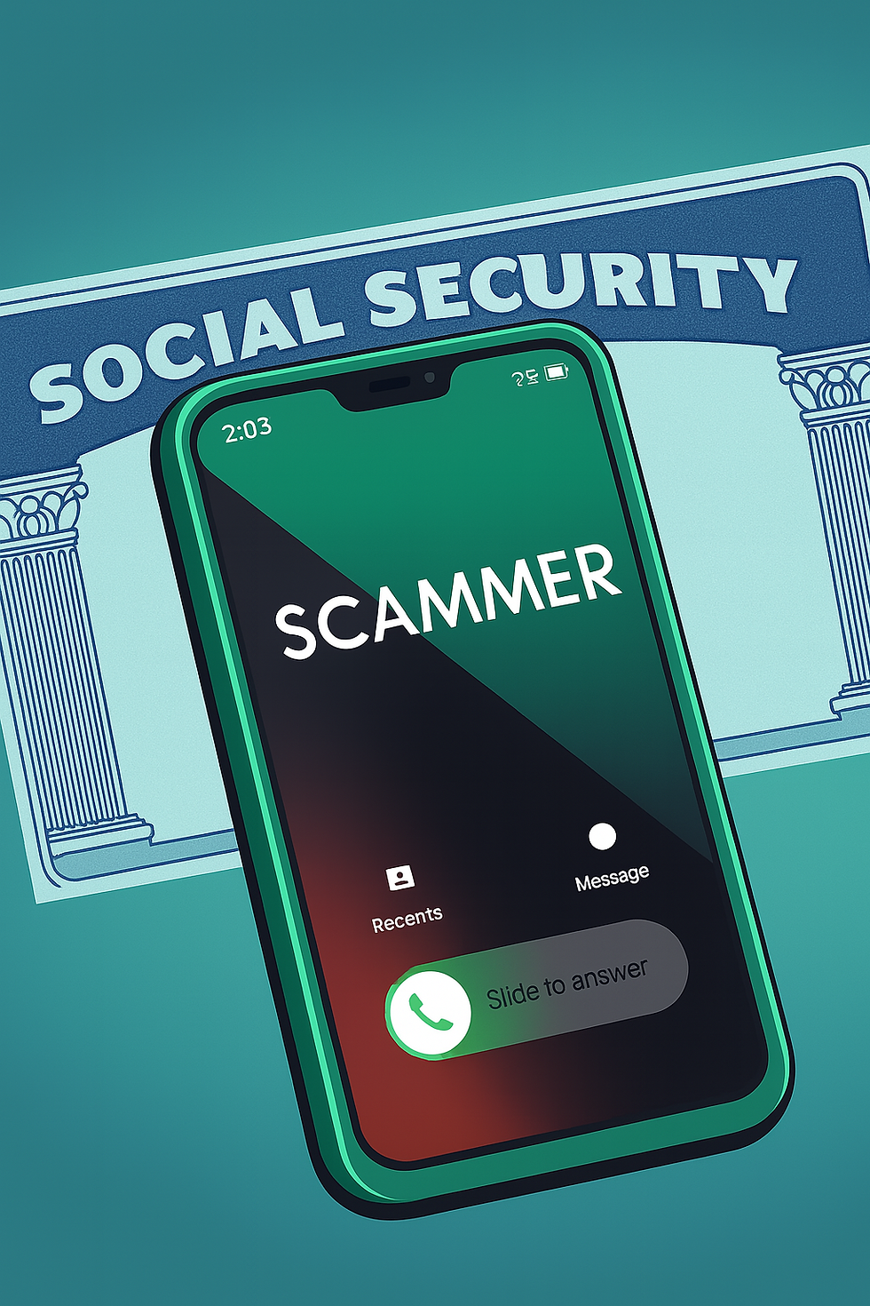 Android phone shows incoming call labeled ‘Scammer’ over a Social Security card—warning about Social Security phone scams.