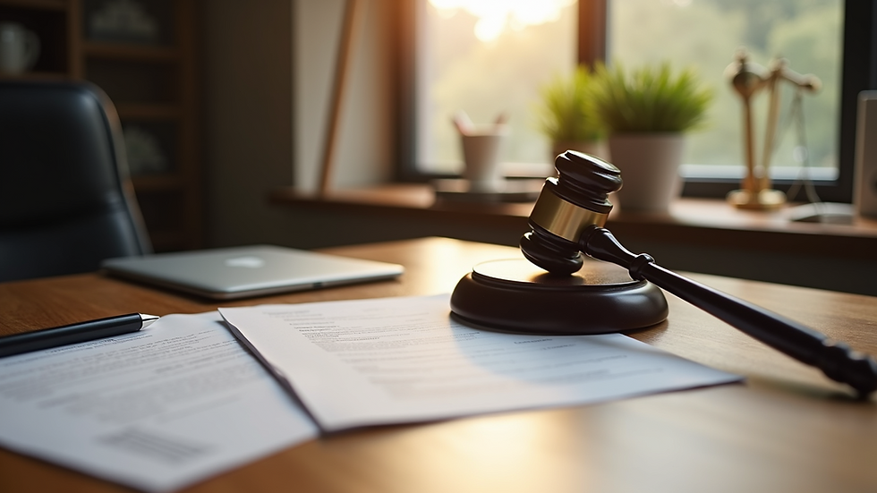 Eye-level view of legal documents and a gavel on a wooden desk