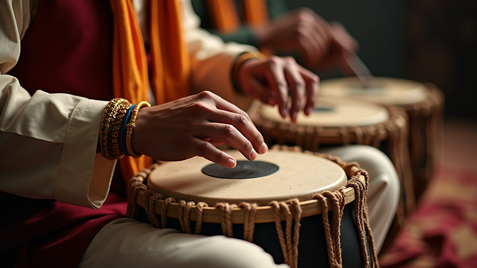Close-up view of a musician playing the pakhawaj drum, an essential instrument in Dhrupad music