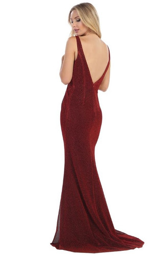 burgundy metallic dress Poly USA 9734 Sit Long Formal Metallic Prom Slit Dress