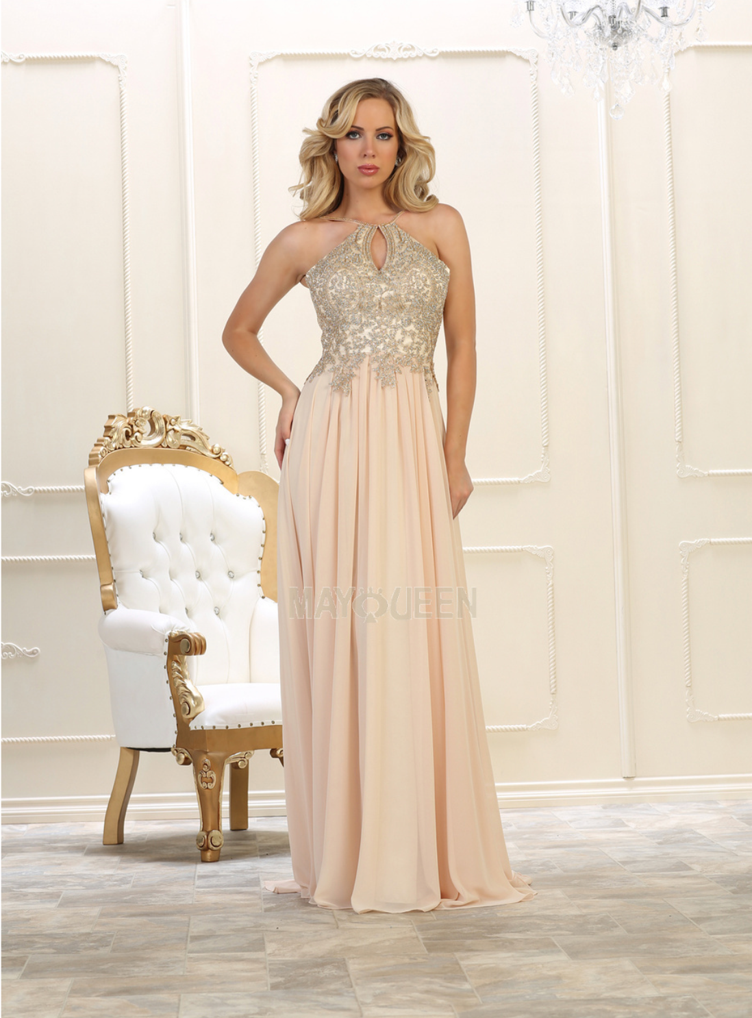 Champagne & Gold Lace Long Dress Size 6