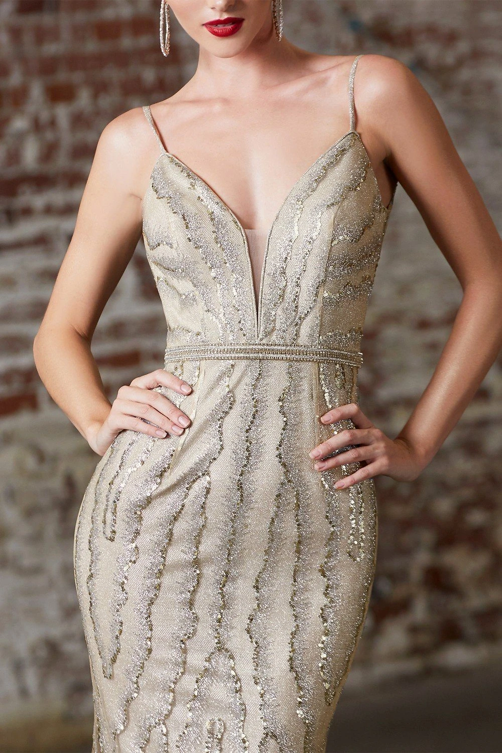 Thumbnail: Champagne Glitter Long Dress Size 10