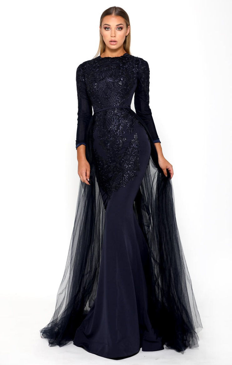 Navy Long Dress With Detachable Train