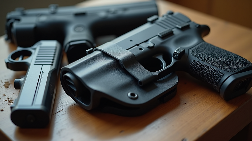 Close-up view of a tactical holster and firearm laid out on a table