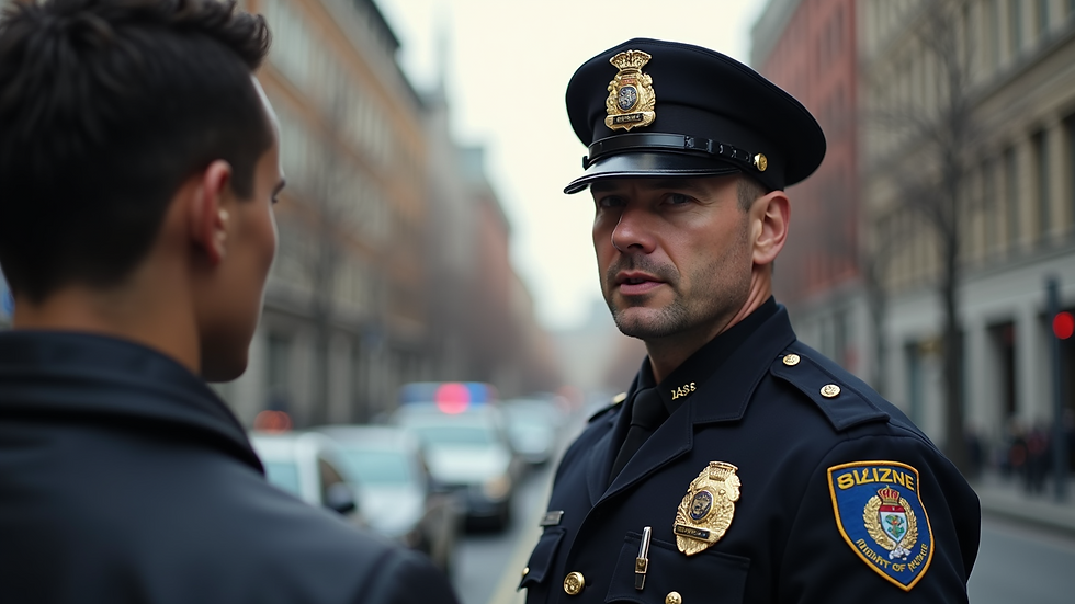 Close-up view of a police officer speaking with a civilian