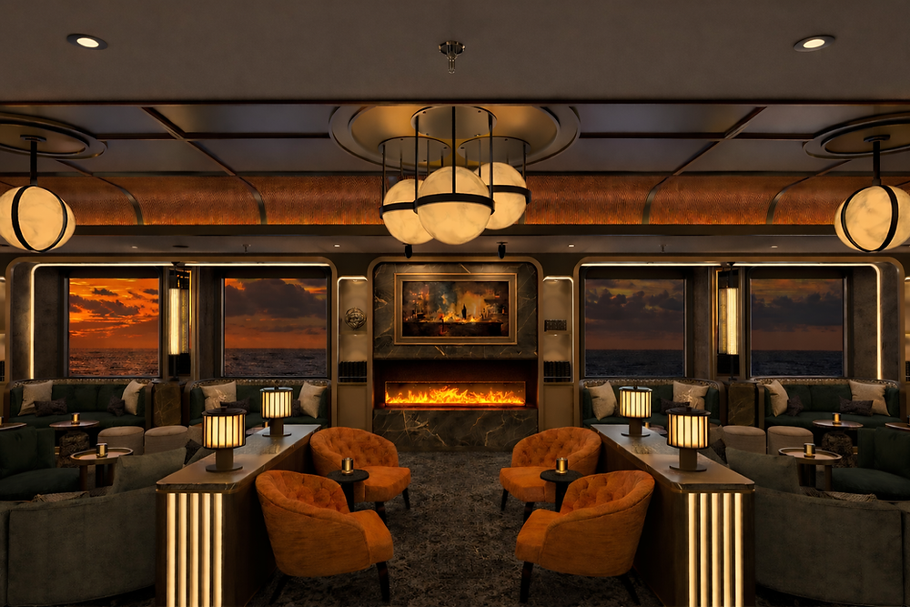 Cruise Ship Interiors, Theatrical Cocktails, Moody Speakeasy at Sea