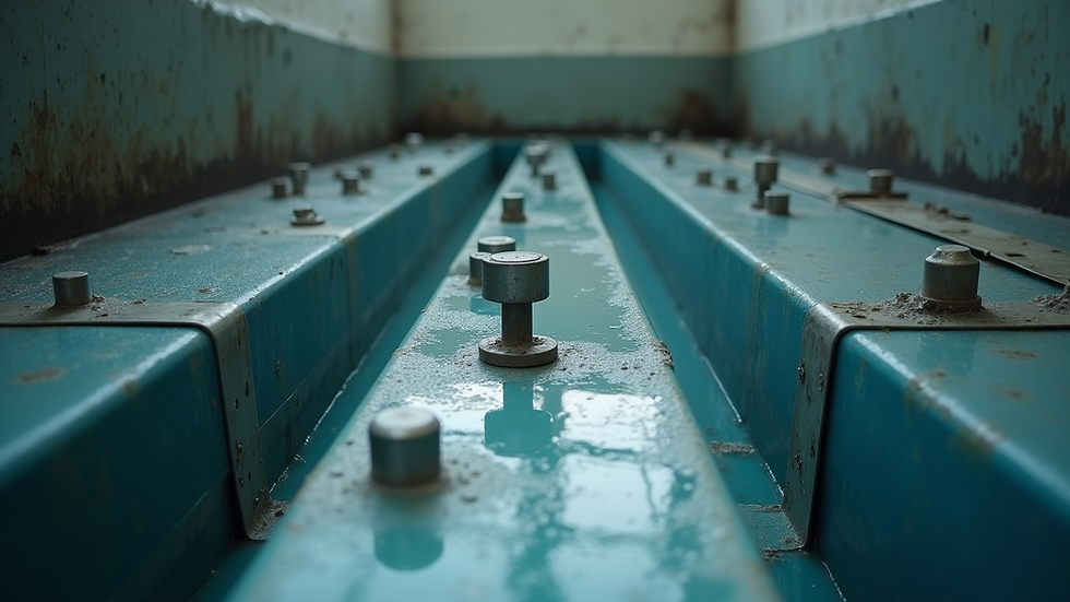 Eye-level view of industrial coating tank with metal parts immersed