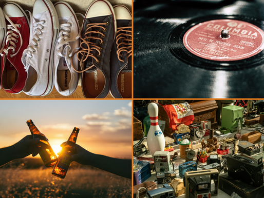 Collage mit Chuck Converse Sneakern, Schallplatte, Bierflaschen, Flohmarktstand