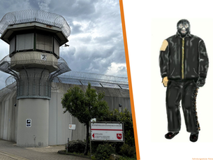 Montage: links Wachturm der JVA Celle, rechts Fahndungsskizze von Martin N