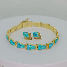 14kt Synthetic Opal Inlay Bracelet and Earrings Set
