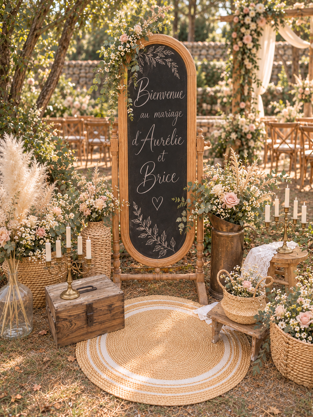 Panneau de bienvenue psyché ardoise pour mariage bohème en location 77