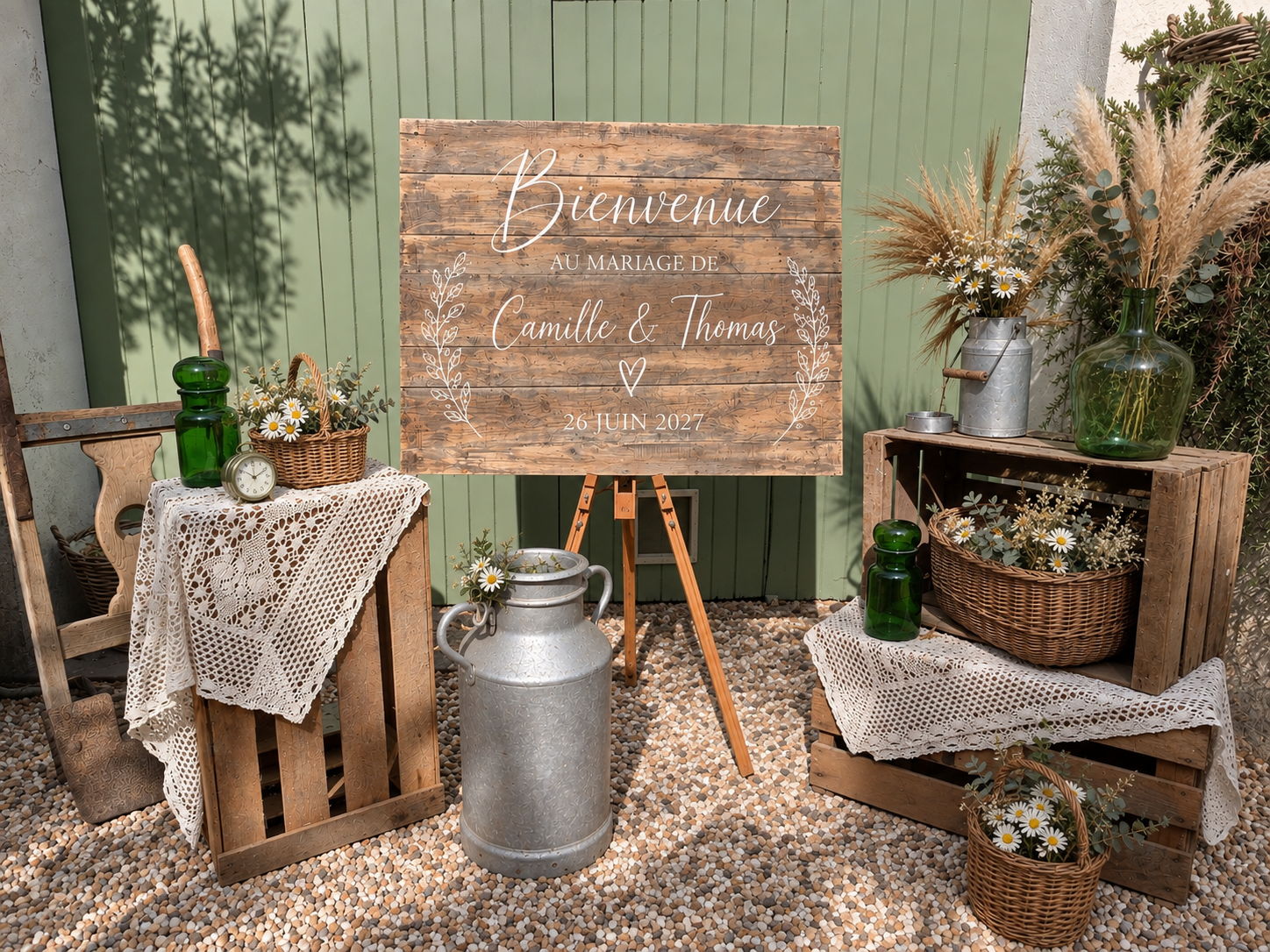 Décoration accueil mariage champêtre avec panneau de bienvenue en bois – location déco mariage 77