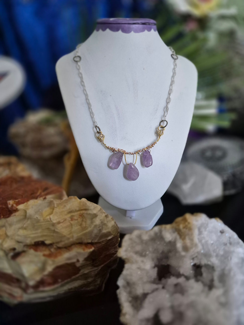 Tripple lavender stones on mixed copper and silver wire in a half-moon shape lining up with your neck shape